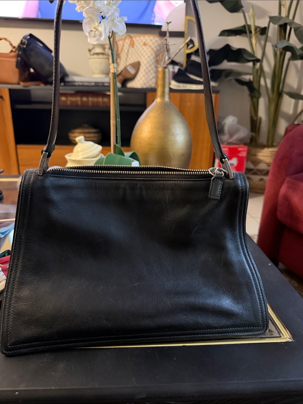 Classic Black Leather Shoulder coach Bag - Sleek Structured Design